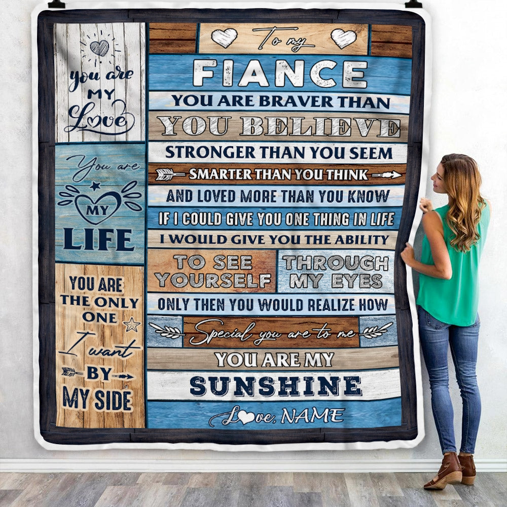Personalized To My Fiance Blanket From Fiancee Wood You Are My Sunshine I Love You Fiance Anniversary Valentines Day Wedding Christmas Fleece Throw Blanket | siriusteestore