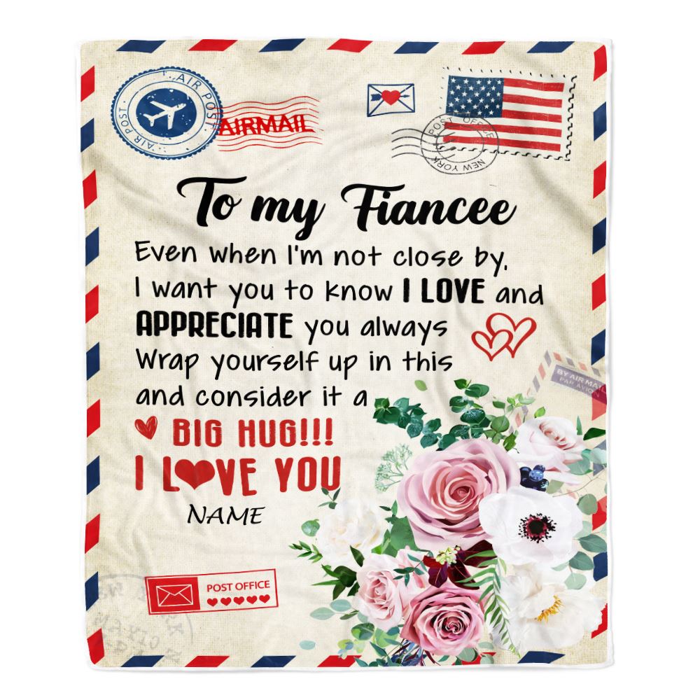 Personalized To My Fiancee Blanket Floral Air Mail Letter I Love You Fiancee For Her Birthday Anniversary Valentines Day Christmas Fleece Throw Blanket | siriusteestore