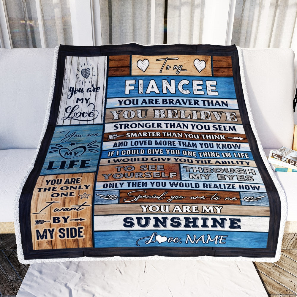 Personalized To My Fiancee Blanket From Fiance Wood You Are My Sunshine I Love You Fiancee Anniversary Valentines Day Wedding Christmas Fleece Throw Blanket | siriusteestore