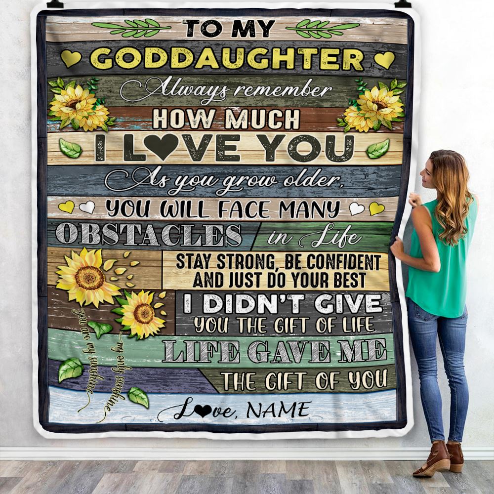 Personalized To My Goddaughter Blanket From Godmother Always Remember How Much I Love You Wood Sunflower Goddaughter Birthday Customized Fleece Throw Blanket | siriusteestore