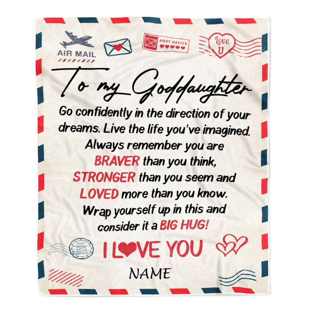 Personalized To My Goddaughter Blanket From Godmother Aunt Air Mail Letter Confidently I Love You Godchild Birthday Christmas Customized Bed Fleece Blanket | siriusteestore