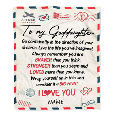 Personalized To My Goddaughter Blanket From Godmother Aunt Air Mail Letter Confidently I Love You Godchild Birthday Christmas Customized Bed Fleece Blanket | siriusteestore