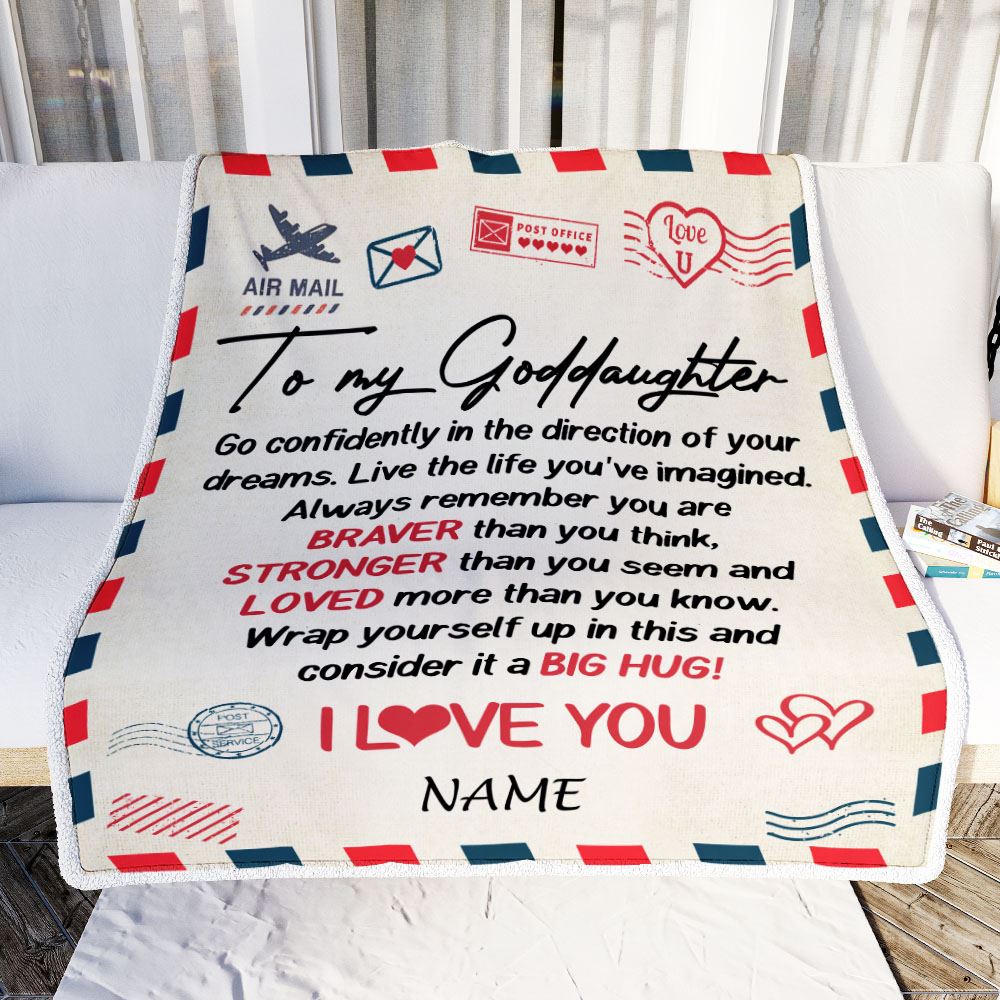 Personalized To My Goddaughter Blanket From Godmother Aunt Air Mail Letter Confidently I Love You Godchild Birthday Christmas Customized Bed Fleece Blanket | siriusteestore