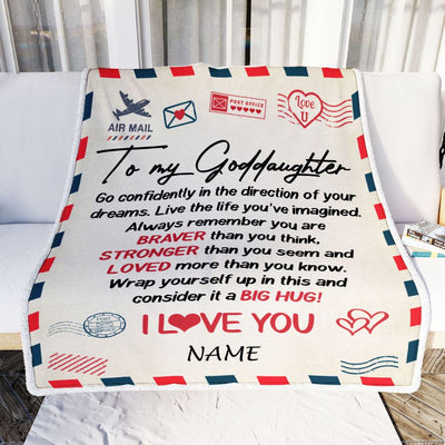Personalized To My Goddaughter Blanket From Godmother Aunt Air Mail Letter Confidently I Love You Godchild Birthday Christmas Customized Bed Fleece Blanket | siriusteestore