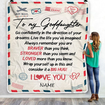 Personalized To My Goddaughter Blanket From Godmother Aunt Air Mail Letter Confidently I Love You Godchild Birthday Christmas Customized Bed Fleece Blanket | siriusteestore