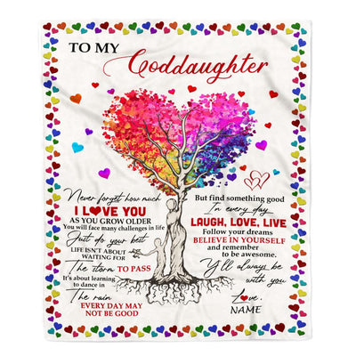 Personalized To My Goddaughter Blanket From Godmother Colorful Tree Never Forget I Love You Goddaughter Birthday Christmas Customized Fleece Throw Blanket | siriusteestore