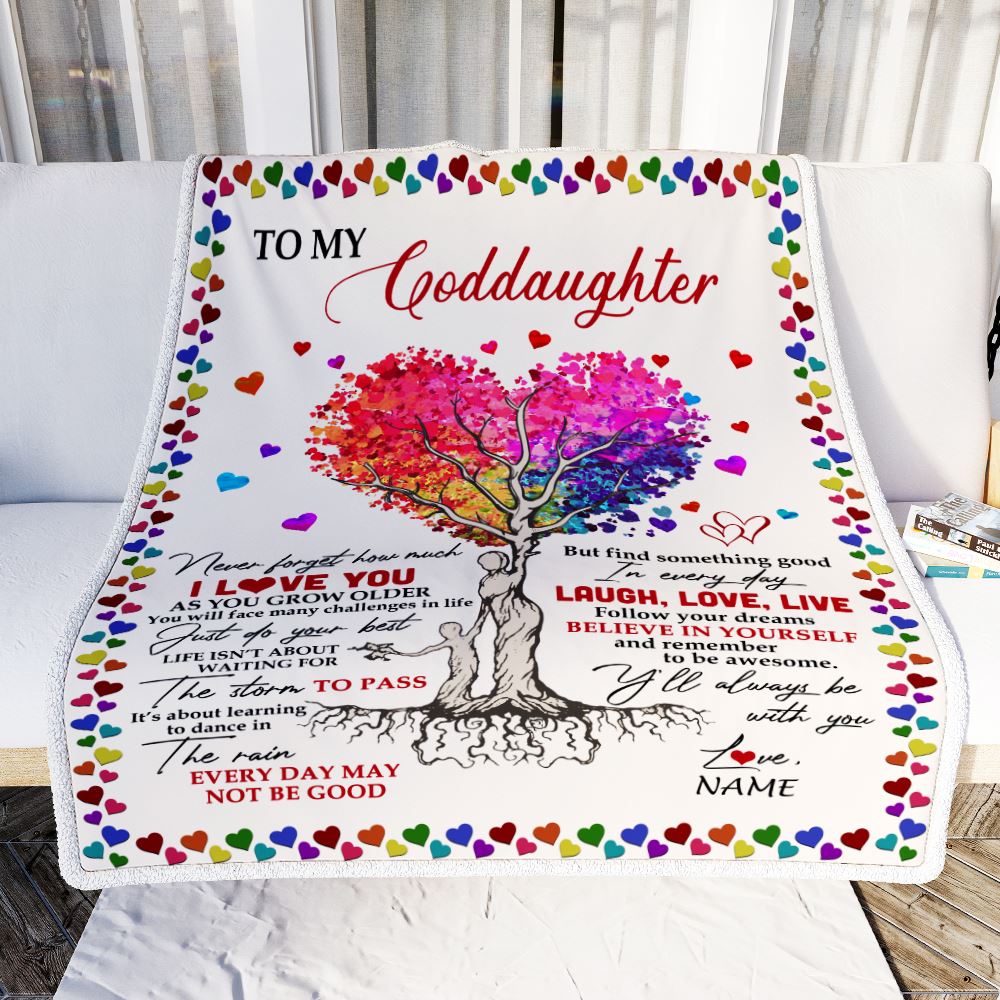 Personalized To My Goddaughter Blanket From Godmother Colorful Tree Never Forget I Love You Goddaughter Birthday Christmas Customized Fleece Throw Blanket | siriusteestore