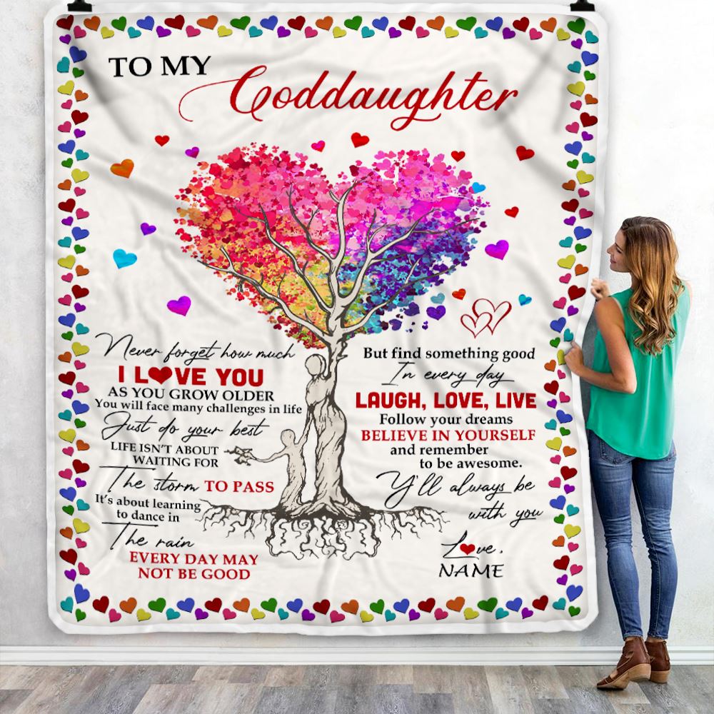 Personalized To My Goddaughter Blanket From Godmother Colorful Tree Never Forget I Love You Goddaughter Birthday Christmas Customized Fleece Throw Blanket | siriusteestore