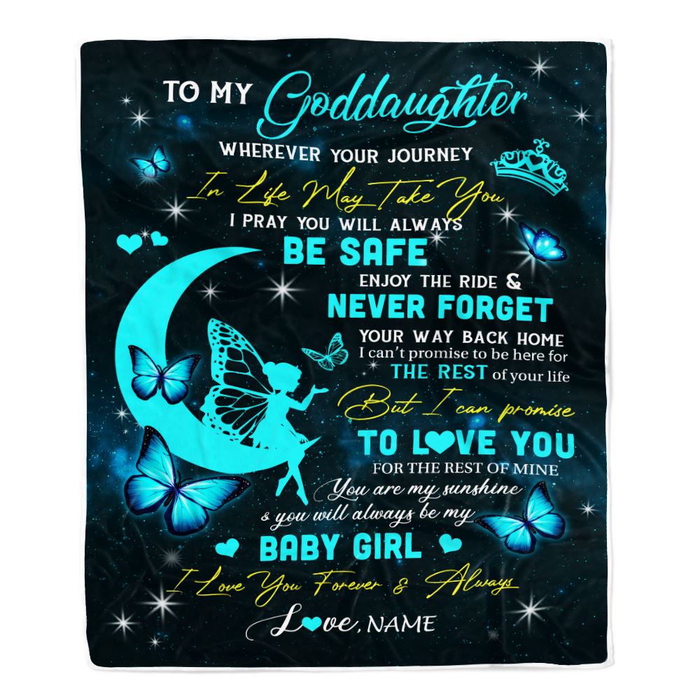 Personalized To My Goddaughter Blanket From Godmother Godfather Fairy Silhouette Fantasy Moon Goddaughter Birthday Christmas Customized Bed Fleece Blanket | siriusteestore