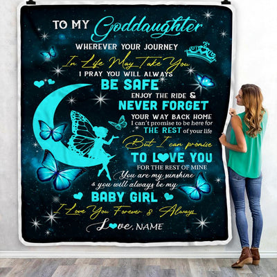 Personalized To My Goddaughter Blanket From Godmother Godfather Fairy Silhouette Fantasy Moon Goddaughter Birthday Christmas Customized Bed Fleece Blanket | siriusteestore