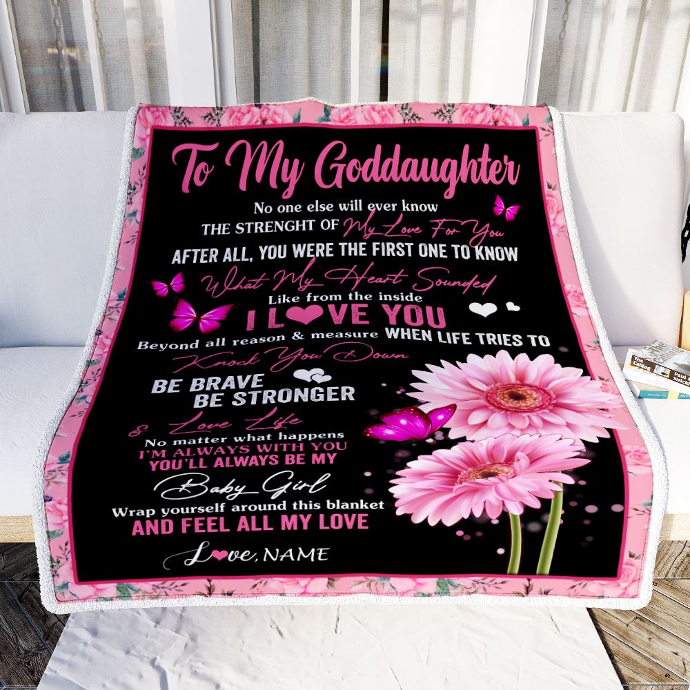 Personalized To My Goddaughter Blanket From Godmother Godfather I Love You Pink Daisy Butterfly Goddaughter Birthday Christmas Customized Bed Fleece Blanket | siriusteestore