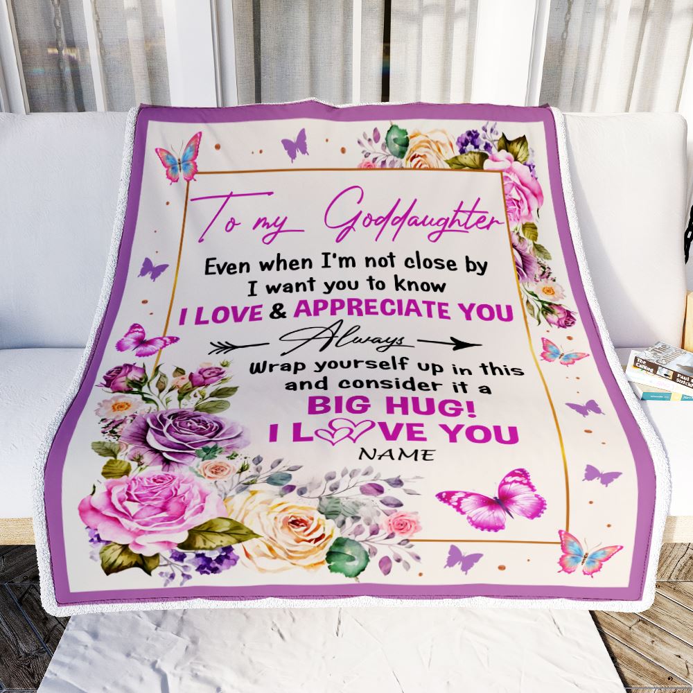 Personalized To My Goddaughter Blanket From Godmother It A Big Hug Butterfly Rose Goddaughter Birthday Thanksgiving Christmas Customized Fleece Throw Blanket | siriusteestore