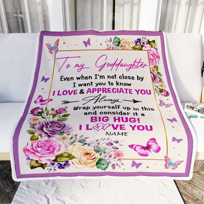 Personalized To My Goddaughter Blanket From Godmother It A Big Hug Butterfly Rose Goddaughter Birthday Thanksgiving Christmas Customized Fleece Throw Blanket | siriusteestore