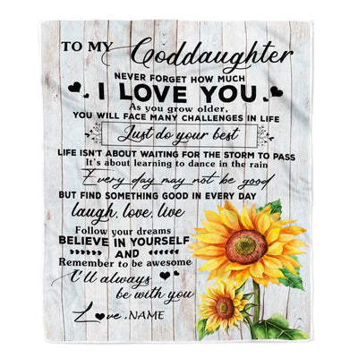 Personalized To My Goddaughter Blanket From Godmother Sunflower Wood Laugh Love Live Goddaughter Birthday Christmas Customized Bed Quilt Fleece Throw Blanket | siriusteestore
