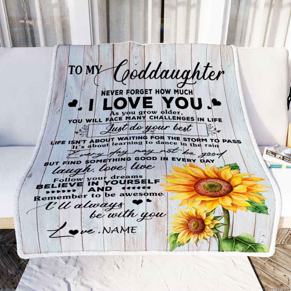 Personalized To My Goddaughter Blanket From Godmother Sunflower Wood Laugh Love Live Goddaughter Birthday Christmas Customized Bed Quilt Fleece Throw Blanket | siriusteestore