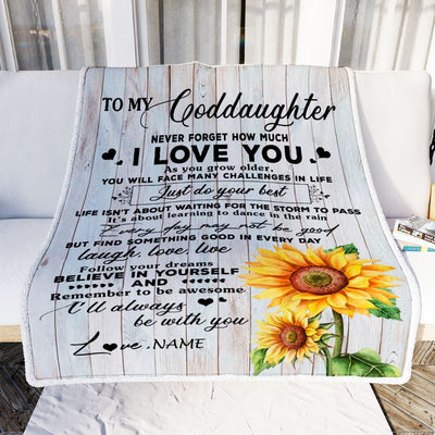 Personalized To My Goddaughter Blanket From Godmother Sunflower Wood Laugh Love Live Goddaughter Birthday Christmas Customized Bed Quilt Fleece Throw Blanket | siriusteestore