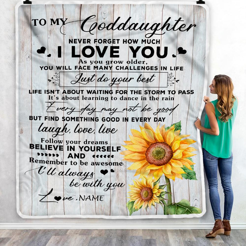 Personalized To My Goddaughter Blanket From Godmother Sunflower Wood Laugh Love Live Goddaughter Birthday Christmas Customized Bed Quilt Fleece Throw Blanket | siriusteestore