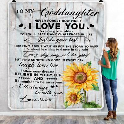 Personalized To My Goddaughter Blanket From Godmother Sunflower Wood Laugh Love Live Goddaughter Birthday Christmas Customized Bed Quilt Fleece Throw Blanket | siriusteestore