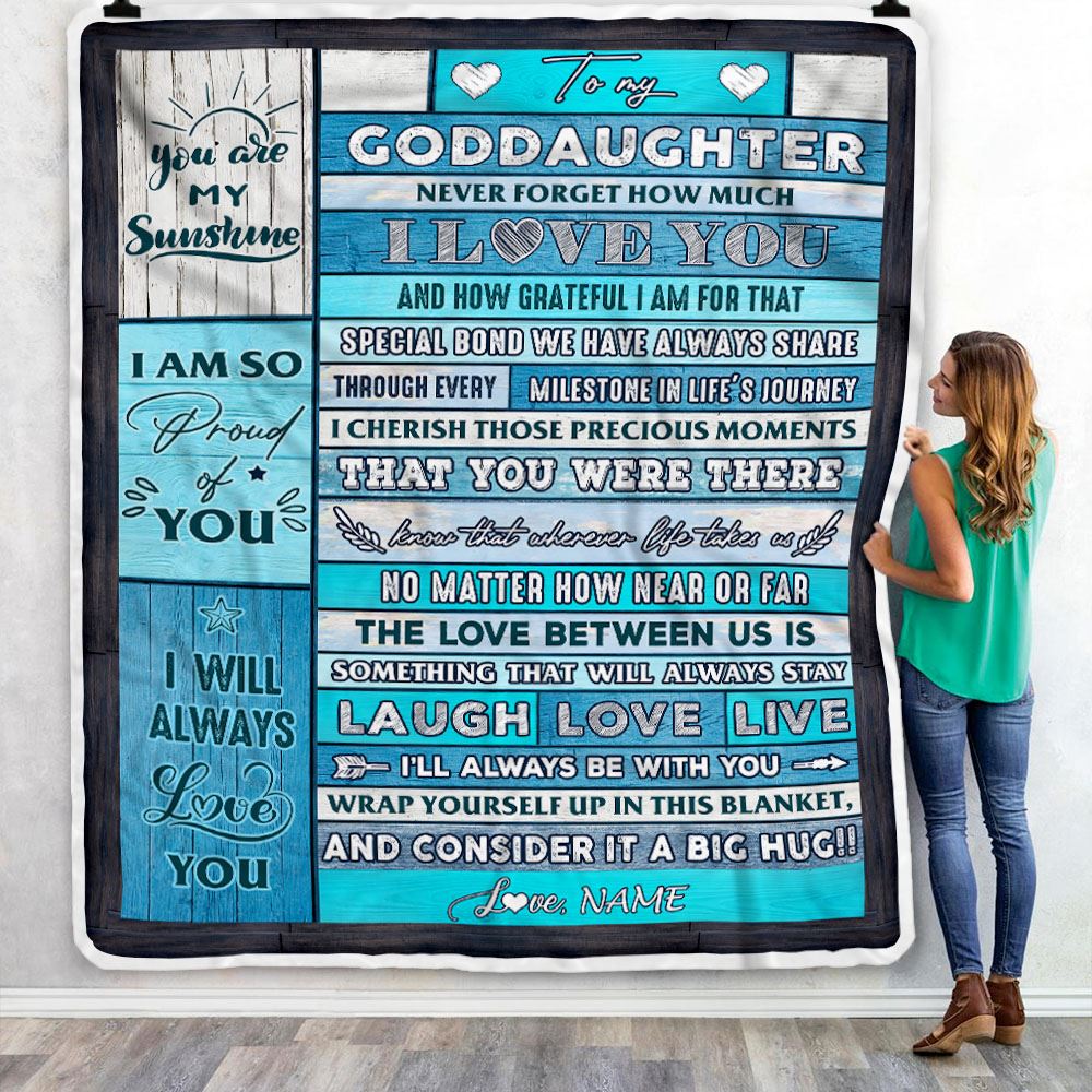 Personalized To My Goddaughter Blanket From Godmother Wood I Love You It A Big Hug Goddaughter Birthday Graduation Christmas Customized Fleece Blanket | siriusteestore