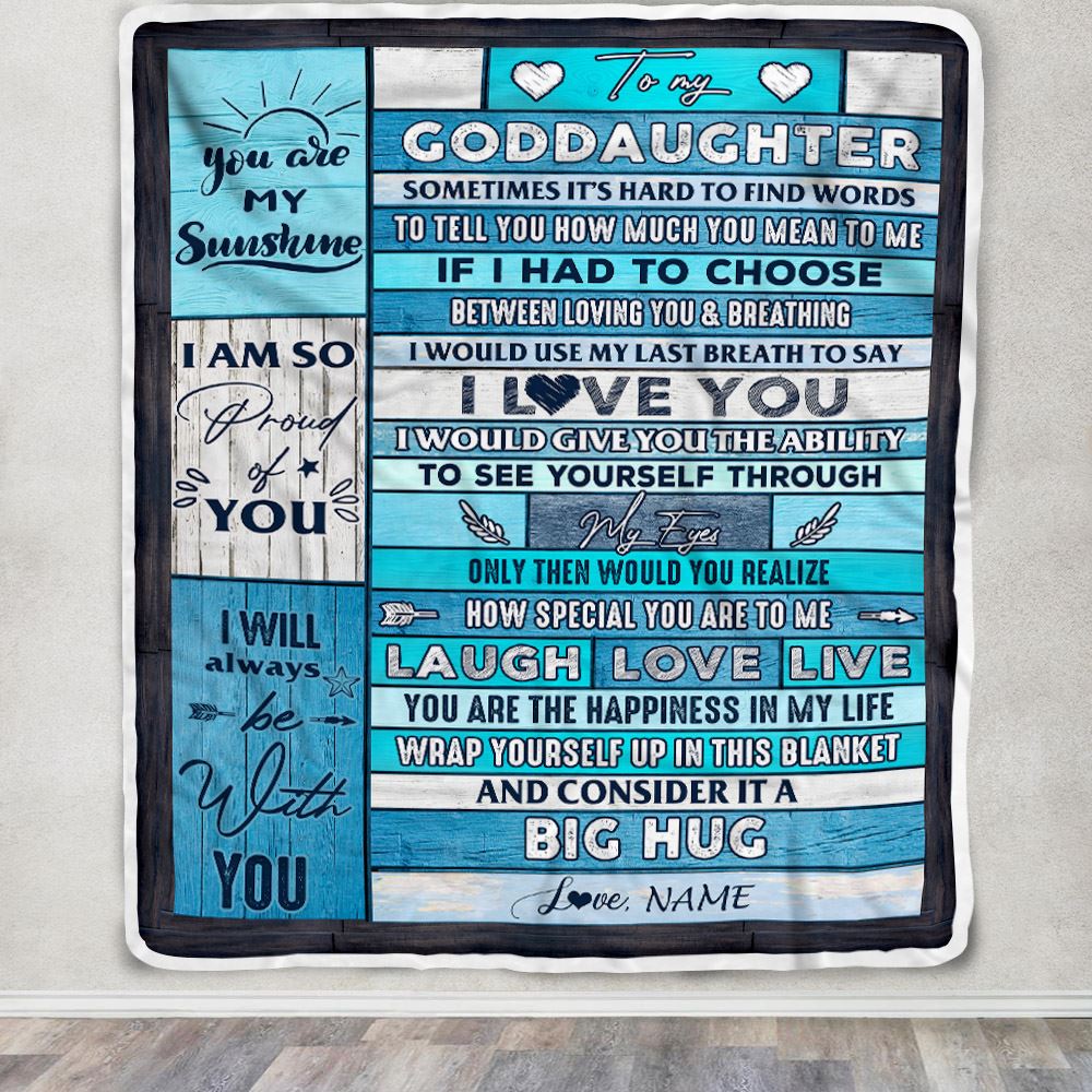 Personalized To My Goddaughter Blanket From Godmother Wood Laugh Love Live Big Hug Goddaughter Birthday Graduation Christmas Customized Fleece Blanket | siriusteestore