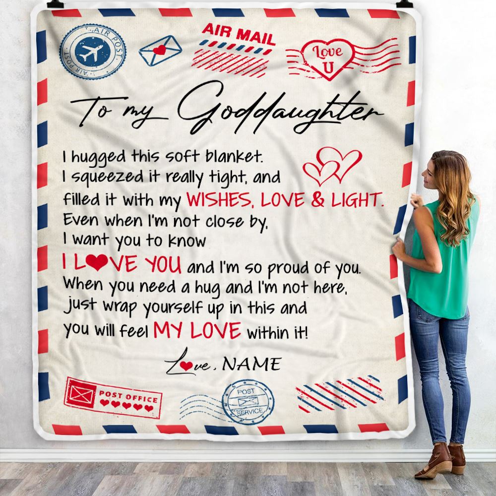 Personalized To My Goddaughter Blanket from Godmother Air Mail Letter I Love You Goddaughter Birthday Christmas Thanksgiving Customized Fleece Throw Blanket | siriusteestore