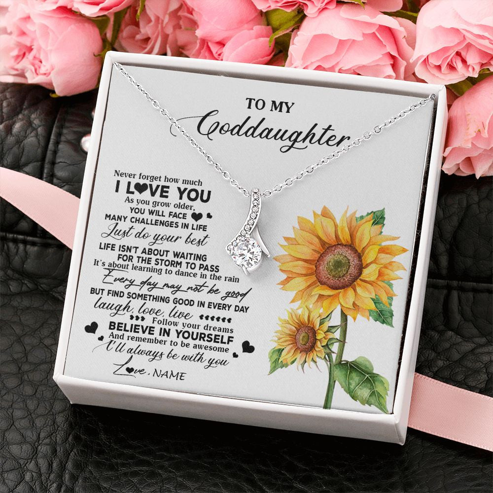Alluring Beauty Necklace | Personalized To My Goddaughter Necklace From Godmother Aunt Sunflower Wood Laugh Love Live Goddaughter Birthday Christmas Customized Gift Box Message Card | siriusteestore