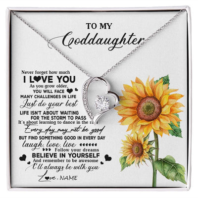 Forever Love Necklace | Personalized To My Goddaughter Necklace From Godmother Aunt Sunflower Wood Laugh Love Live Goddaughter Birthday Christmas Customized Gift Box Message Card | siriusteestore