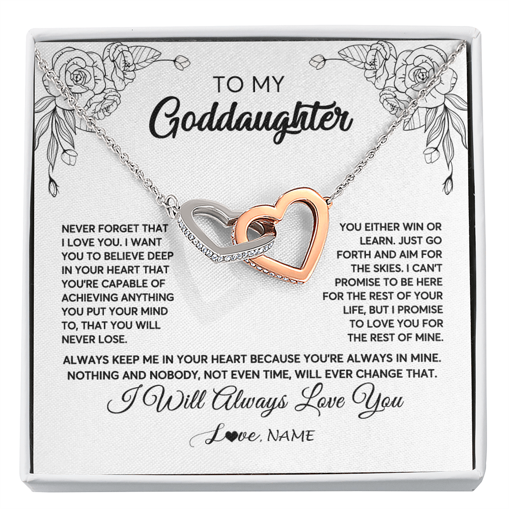 Interlocking Hearts Necklace | Personalized To My Goddaughter Necklace From Godmother Flower Always Keep Me In Your Heart Goddaughter Birthday Christmas Customized Gift Box Message Card | siriusteestore