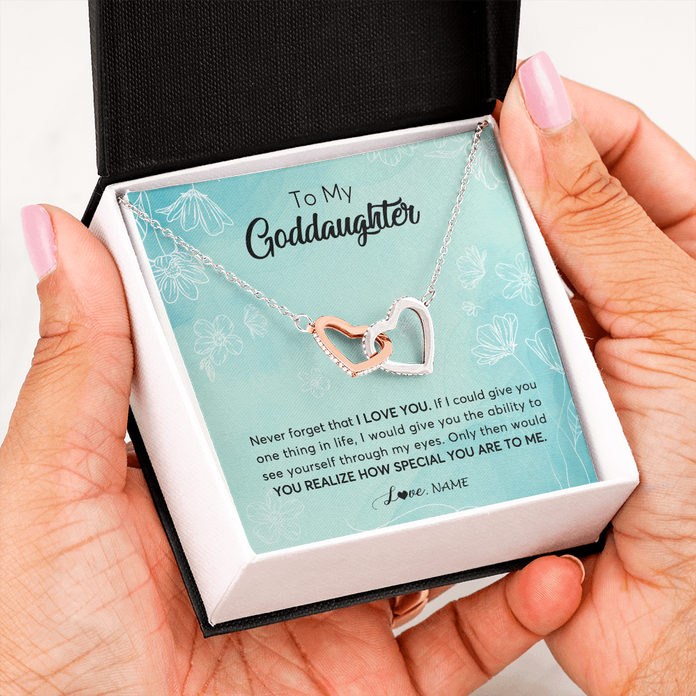 Interlocking Hearts Necklace | Personalized To My Goddaughter Necklace From Godmother Flower Never Forget I Love You Goddaughter Graduation Birthday Customized Gift Box Message Card | siriusteestore