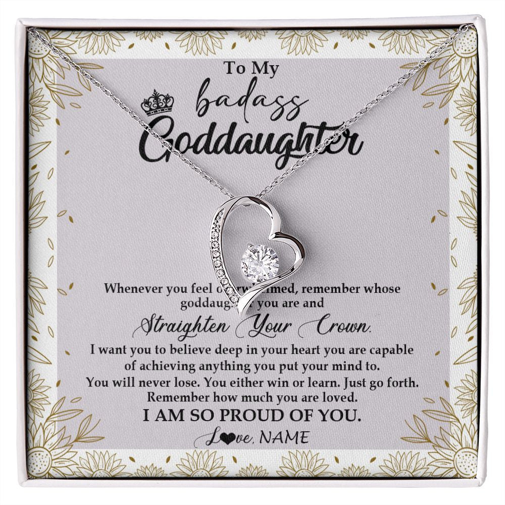 Forever Love Necklace | Personalized To My Goddaughter Necklace From Godmother Straighten Your Crown Goddaughter Birthday Graduation Christmas Jewelry Customized Gift Box Message Card | siriusteestore