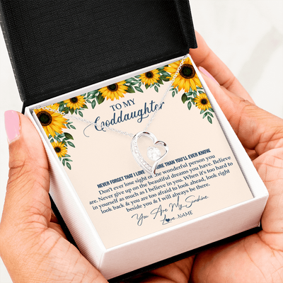 Forever Love Necklace | Personalized To My Goddaughter Necklace From Godmother Sunflower You Are My Sunshine Goddaughter Jewelry Graduation Birthday Customized Gift Box Message Card | siriusteestore
