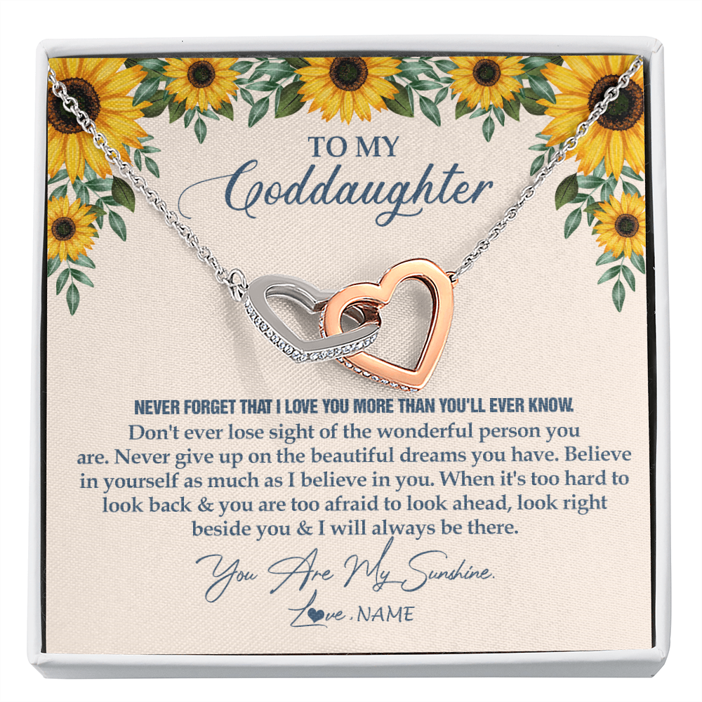 Interlocking Hearts Necklace | Personalized To My Goddaughter Necklace From Godmother Sunflower You Are My Sunshine Goddaughter Jewelry Graduation Birthday Customized Gift Box Message Card | siriusteestore