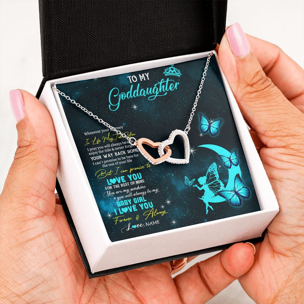 Interlocking Hearts Necklace | Personalized To My Goddaughter Necklace From Godmother Uncle Fairy Silhouette Fantasy Moon Goddaughter Birthday Christmas Customized Gift Box Message Card | siriusteestore