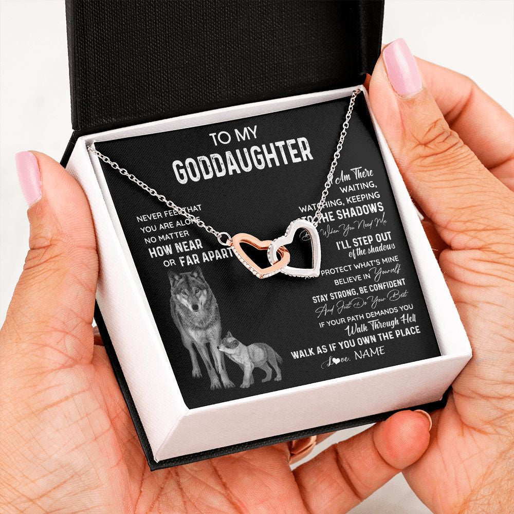 Interlocking Hearts Necklace | Personalized To My Goddaughter Necklace From Godmother Uncle Never Feel You Are Alone Wolf Goddaughter Birthday Christmas Customized Gift Box Message Card | siriusteestore