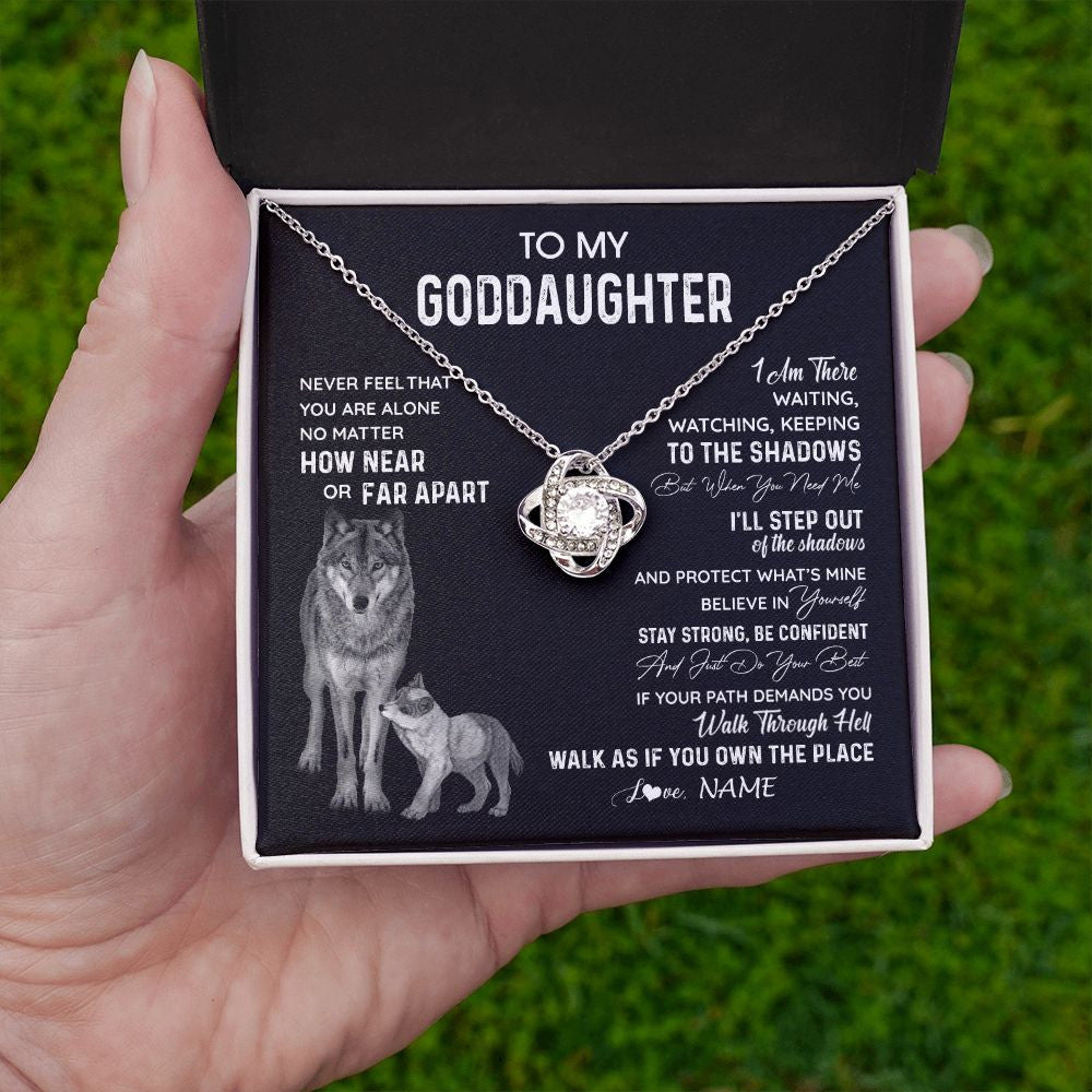 Love Knot Necklace | Personalized To My Goddaughter Necklace From Godmother Uncle Never Feel You Are Alone Wolf Goddaughter Birthday Christmas Customized Gift Box Message Card | siriusteestore