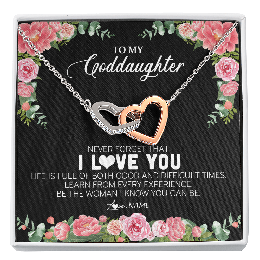 Interlocking Hearts Necklace | Personalized To My Goddaughter Necklace from Godmother Never Forget I Love You Floral Jewelry for Goddaughter Birthday Graduation Christmas Customized Message Card | siriusteestore
