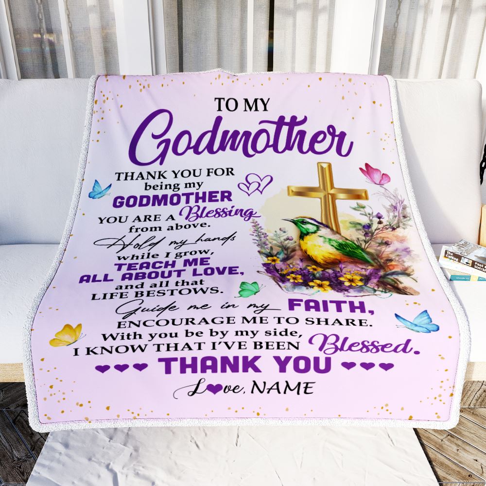 Personalized To My Godmother Blanket From Goddaughter Godson Cross Flower Thank You Blessing Aunt Birthday Mothers Day Christmas Customized Fleece Blanket | siriusteestore