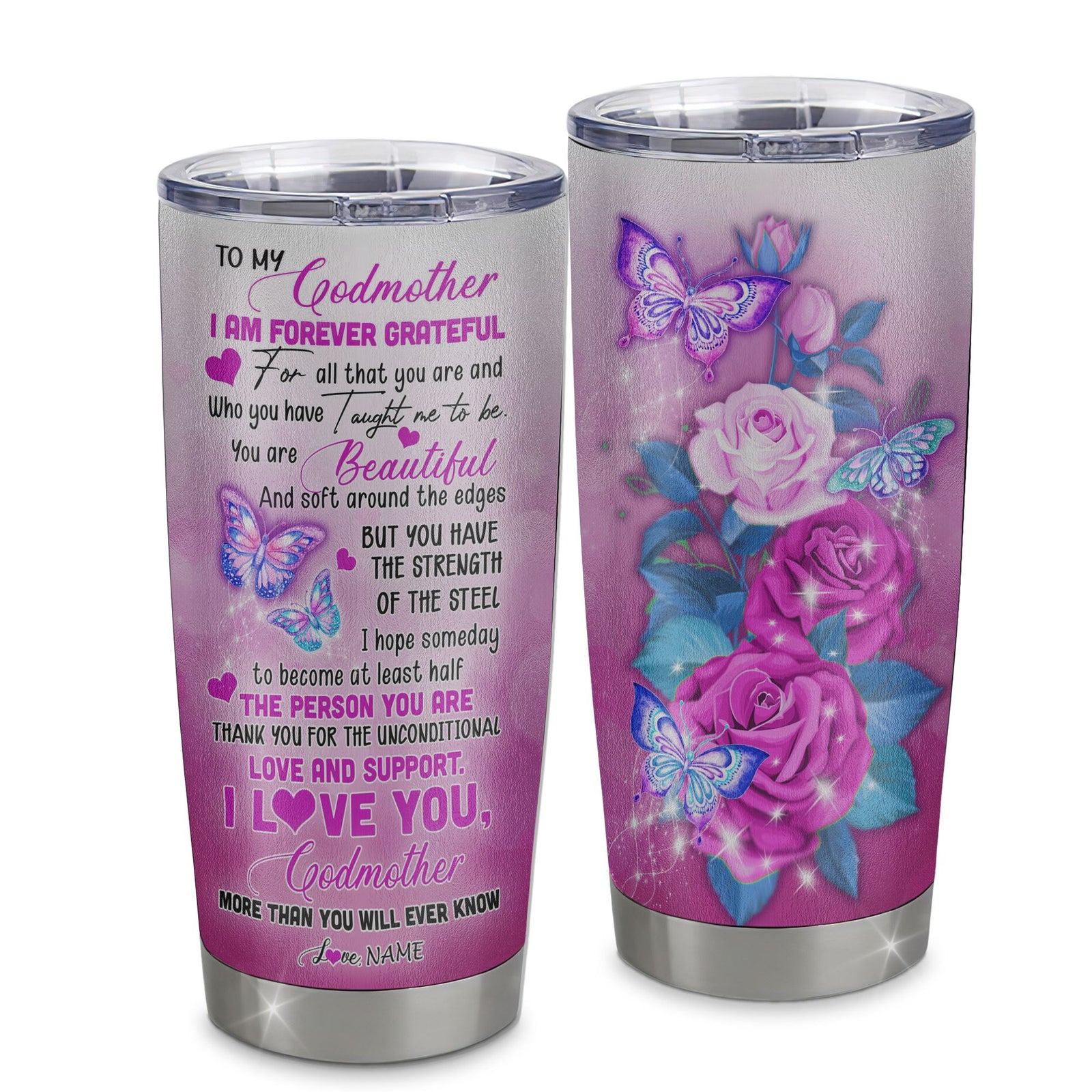 Personalized To My Godmother From Niece Nephew Grandson Stainless Steel Tumbler Cup Butterfly I Am Forever GrateFul Godmother Mothers Day Birthday Christmas Travel Mug | siriusteestore