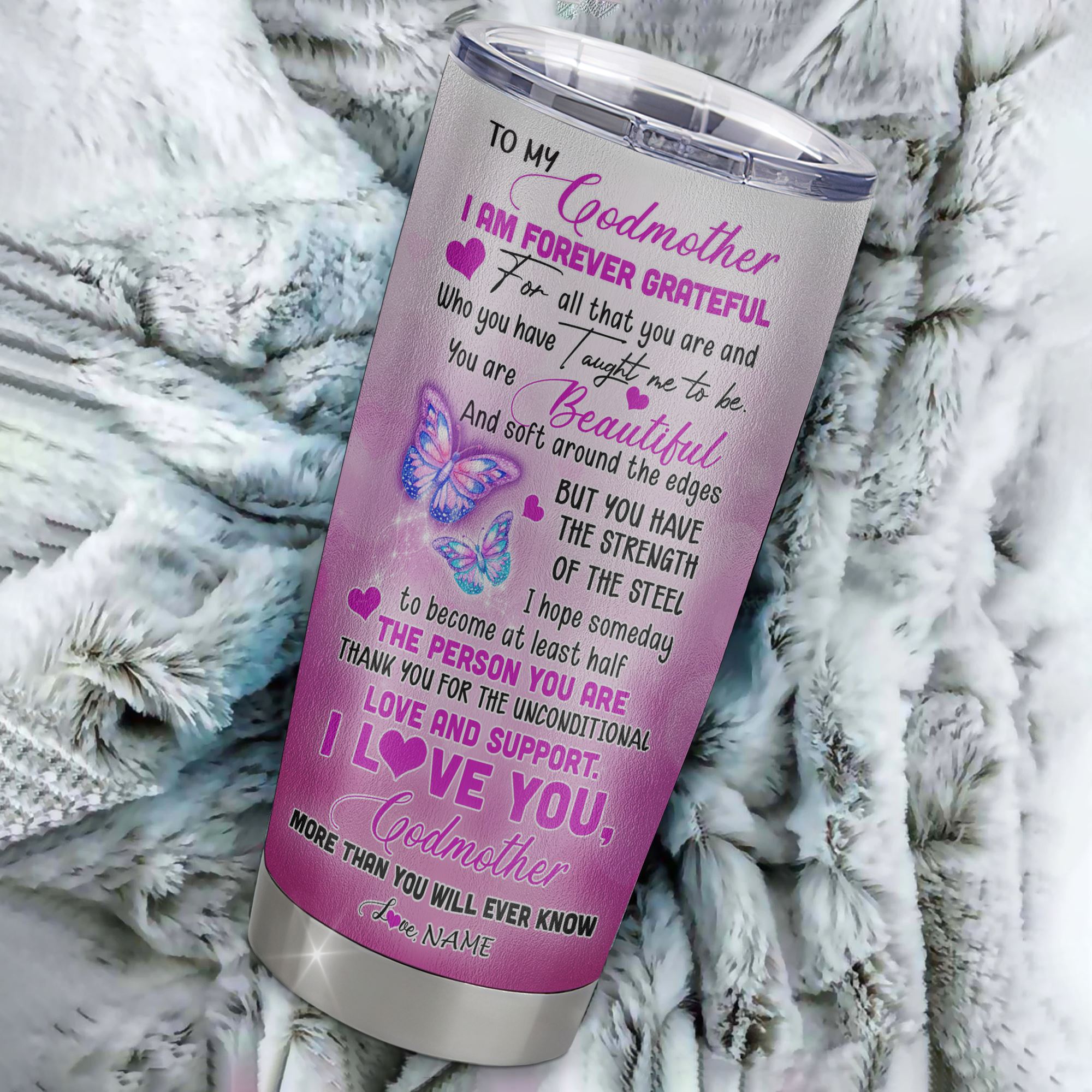 Personalized To My Godmother From Niece Nephew Grandson Stainless Steel Tumbler Cup Butterfly I Am Forever GrateFul Godmother Mothers Day Birthday Christmas Travel Mug | siriusteestore