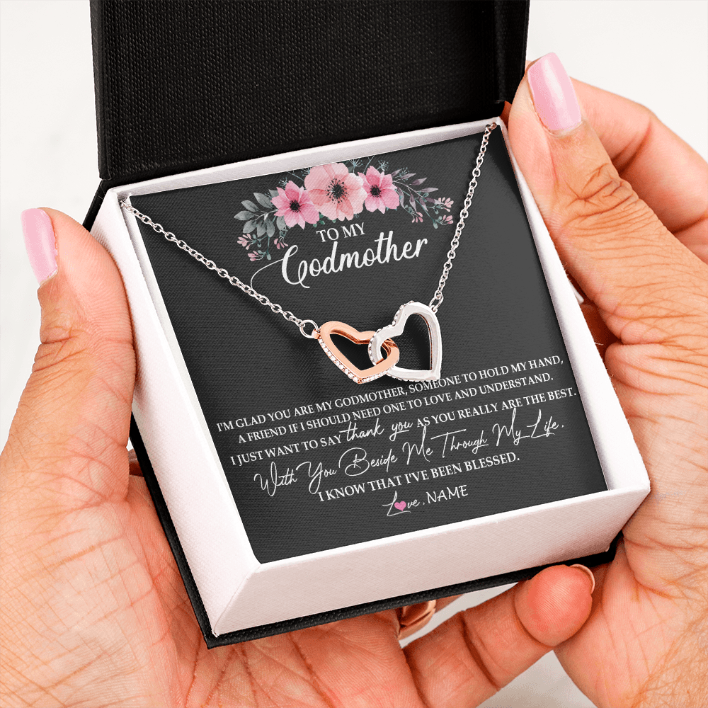 Interlocking Hearts Necklace | Personalized To My Godmother Necklace from Goddaughter Im Glad You Are My Godmother Birthday Mothers Day Thanksgiving Christmas Customized Gift Message Card | siriusteestore