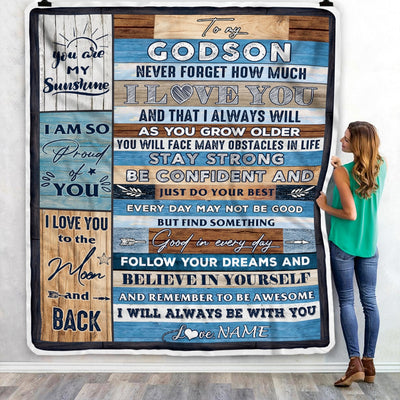 Personalized To My Godson Blanket From Godfather Proud Of You I Love You Wood Godson Birthday Thanksgiving Christmas Customized Fleece Blanket | siriusteestore