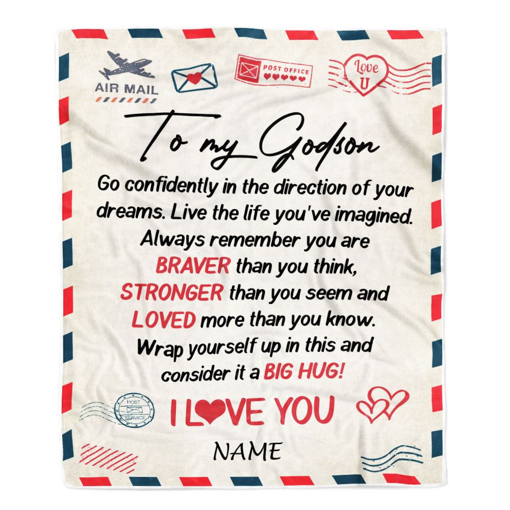 Personalized To My Godson Blanket From Godmother Air Mail Letter Confidently I Love You Godchild Birthday Graduation Christmas Customized Bed Fleece Blanket | siriusteestore