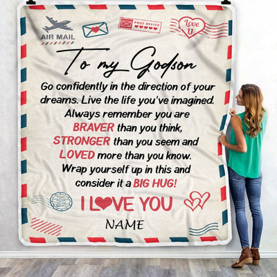 Personalized To My Godson Blanket From Godmother Air Mail Letter Confidently I Love You Godchild Birthday Graduation Christmas Customized Bed Fleece Blanket | siriusteestore