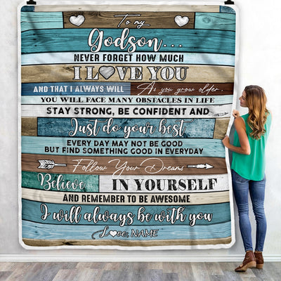 Personalized To My Godson Blanket From Godmother Godfather Wood Never Forget I Love You Godson Birthday Graduation Christmas Customized Fleece Throw Blanket | siriusteestore
