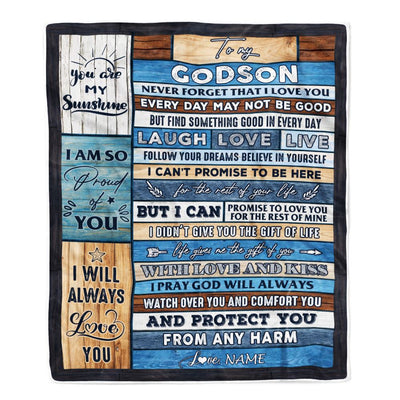 Personalized To My Godson Blanket From Godmother Wood You Are My Sunshine I Love You Godson Birthday Graduation Christmas Customized Bed Fleece Throw Blanket | siriusteestore
