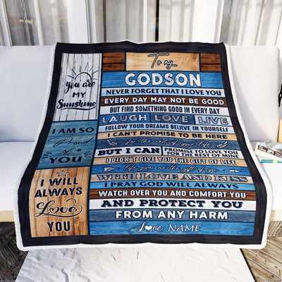Personalized To My Godson Blanket From Godmother Wood You Are My Sunshine I Love You Godson Birthday Graduation Christmas Customized Bed Fleece Throw Blanket | siriusteestore