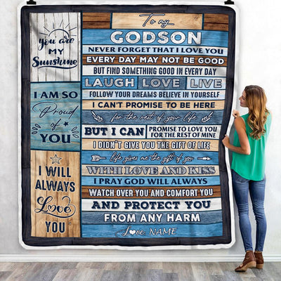 Personalized To My Godson Blanket From Godmother Wood You Are My Sunshine I Love You Godson Birthday Graduation Christmas Customized Bed Fleece Throw Blanket | siriusteestore