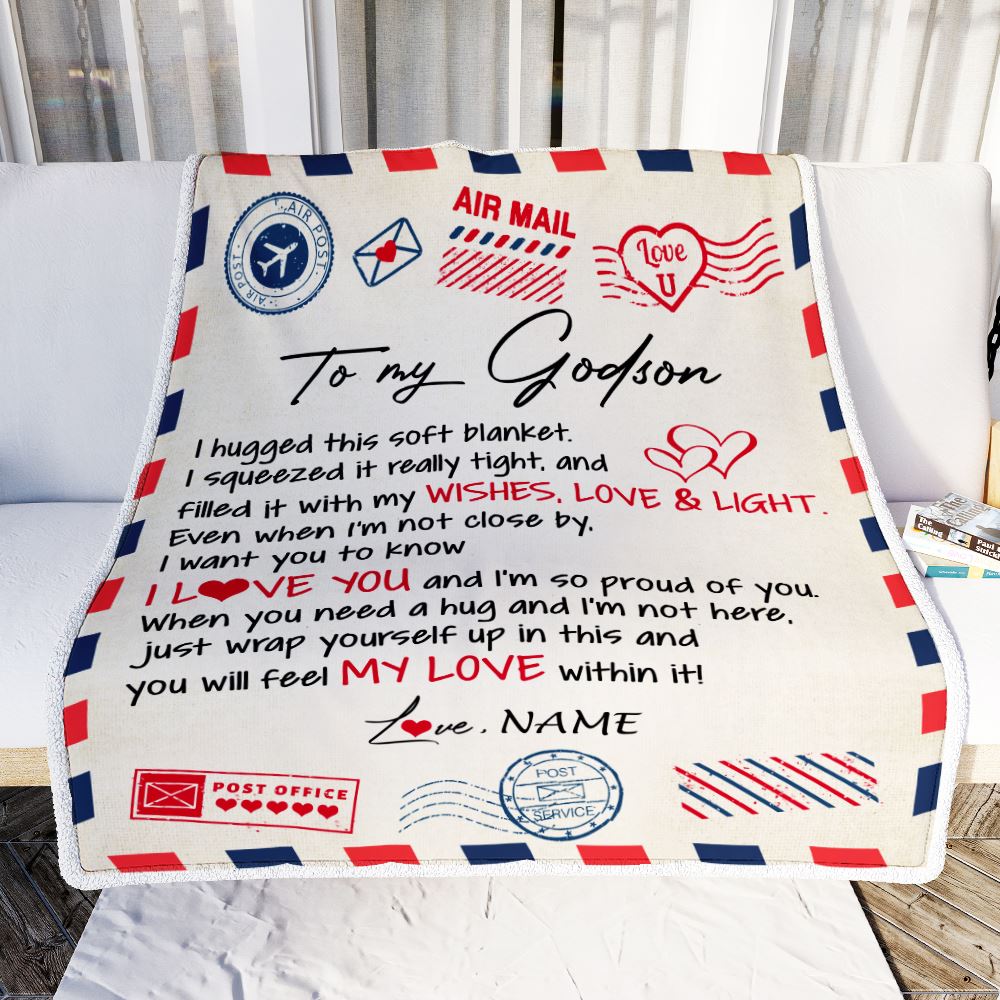 Personalized To My Godson Blanket from Godmother Air Mail Letter I Love You Godson Birthday Christmas Thanksgiving Customized Fleece Throw Blanket | siriusteestore