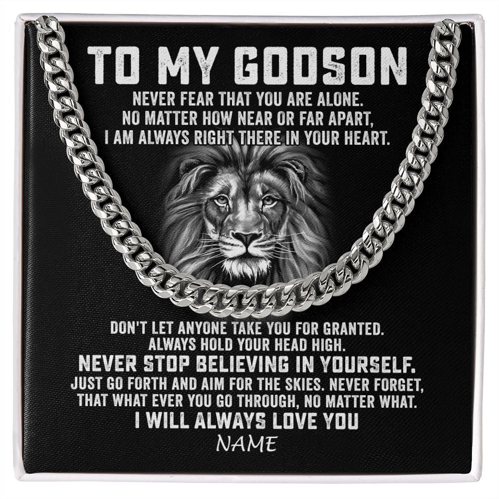 Cuban Link Chain Necklace | Personalized To My Godson Cuban Necklace From Uncle Aunt Never Fear That You Are Alone Lion Godson Birthday Christmas Customized Gift Box Message Card | siriusteestore