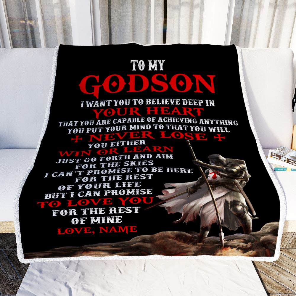Personalized To My Godson Knight Templar Blanket From Godfather You Will Never Lose Godchild Birthday Christmas Customized Bed Fleece Blanket | siriusteestore